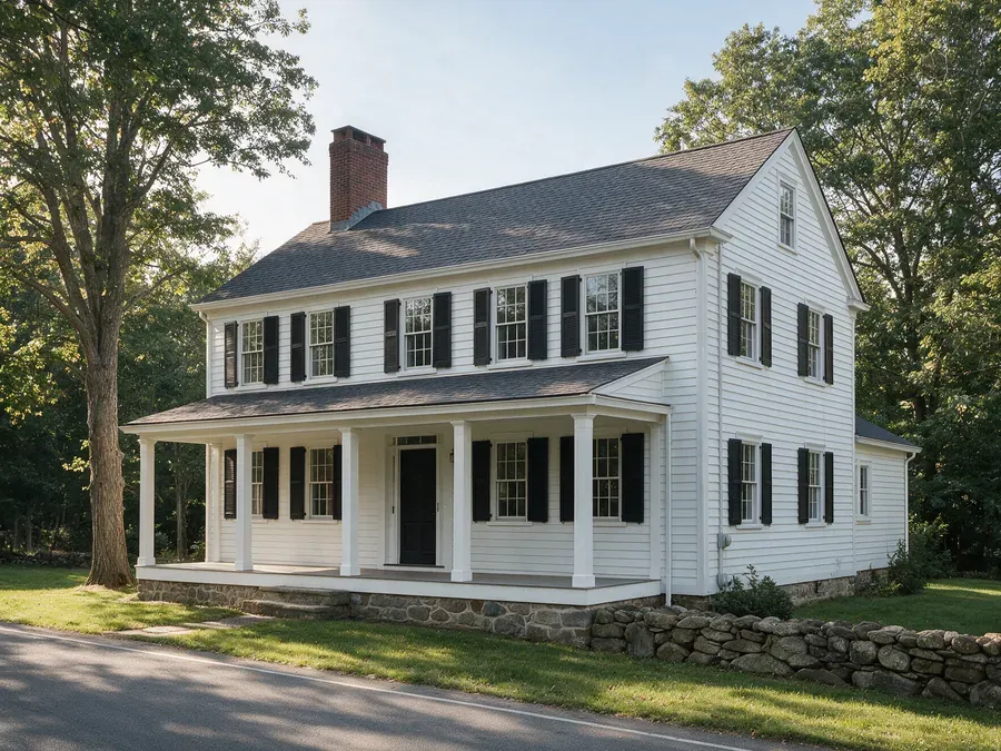 Nineteenth-century white clapboard farmhouse with black shutters, a brick chimney, a covered porch, and a dark shingle roof.