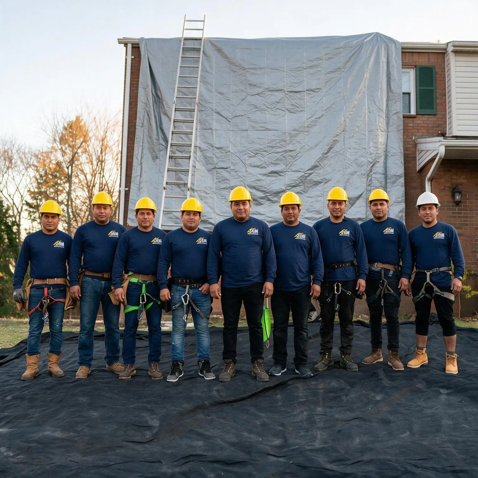 Nine-person roofing crew in navy shirts and hard hats standing in front of a tarped house.