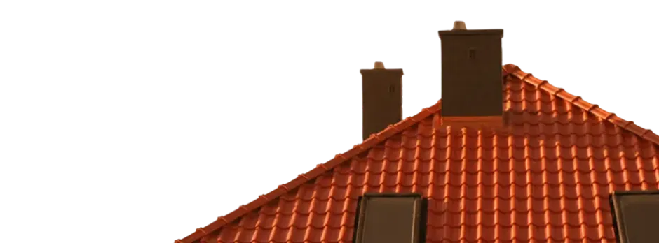 Orange tiled roof with two chimneys and two skylight windows under sunlight.