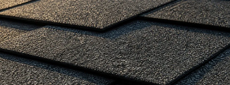 Close-up texture of dark charcoal architectural asphalt shingles.