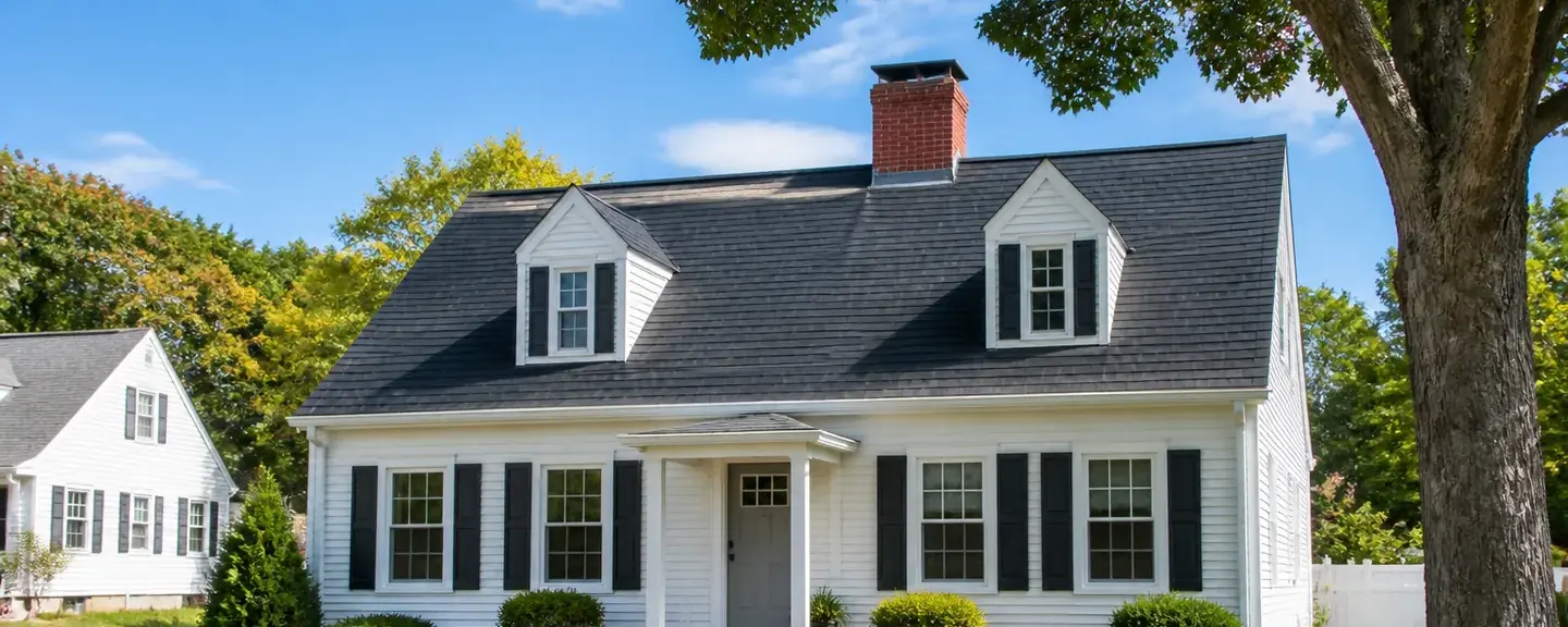 White Cape Cod house with two front dormers, black shutters, a brick chimney, and a charcoal shingle roof on an established suburban street.