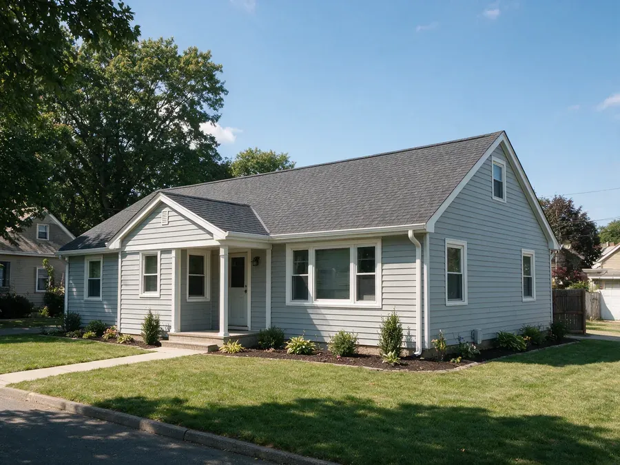 Single-story ranch house with new light gray vinyl siding, white replacement windows, and a charcoal shingle roof.