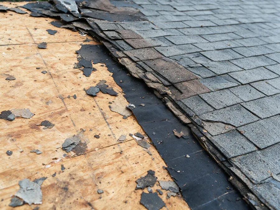Roof tear-off in progress showing two stacked layers of old shingles being stripped down to felt paper and wood decking.