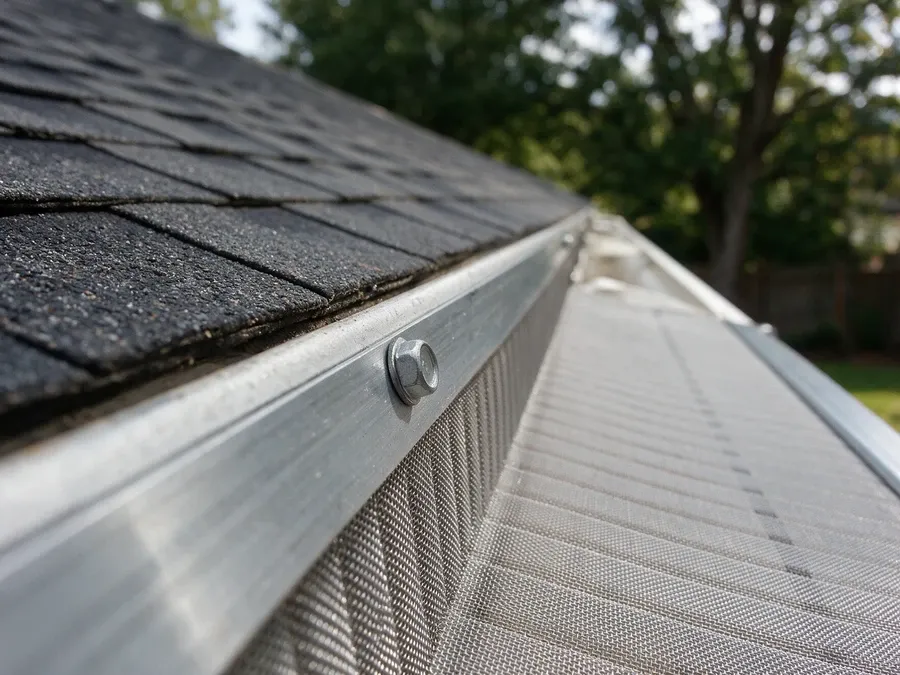Close-up of a surface-mounted aluminum mesh gutter guard bolted to a gutter edge.