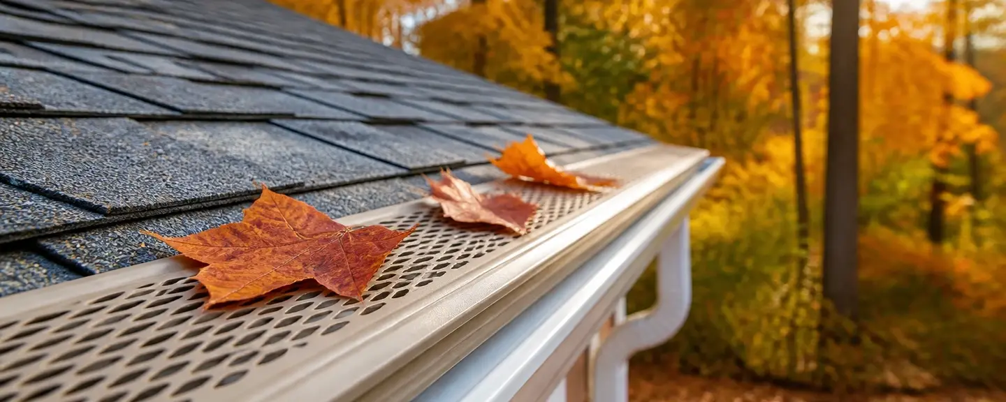 Dry maple leaves resting on top of a perforated aluminum gutter guard, with vivid autumn trees in the background.