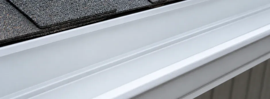 Close-up texture of a white seamless aluminum gutter trough.