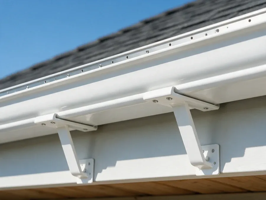 Close-up of a seamless gutter with hidden hanger brackets correctly spaced along the roofline.