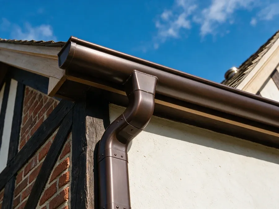 Dramatic upward view of a new dark bronze gutter and downspout elbow at a roof corner.