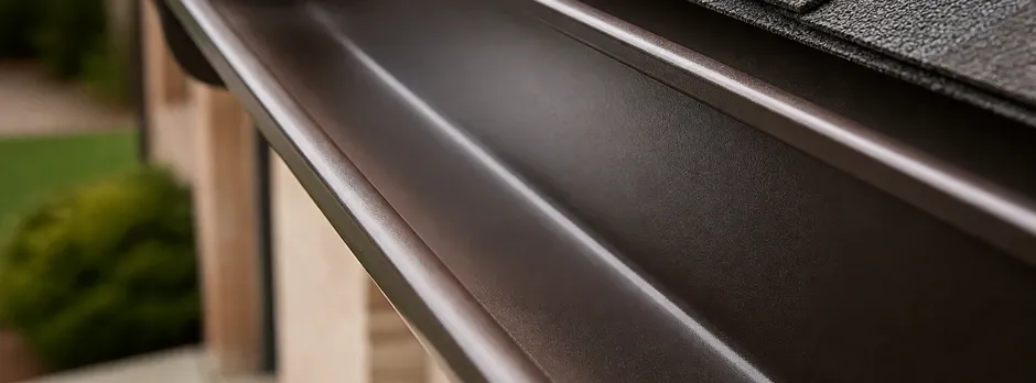 Close-up texture of a dark bronze seamless aluminum gutter trough.