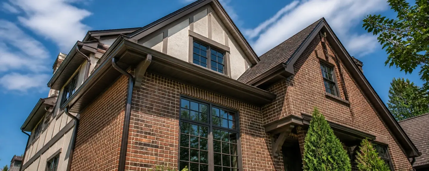 Dramatic upward view of a Tudor style brick home with new dark bronze seamless gutters.