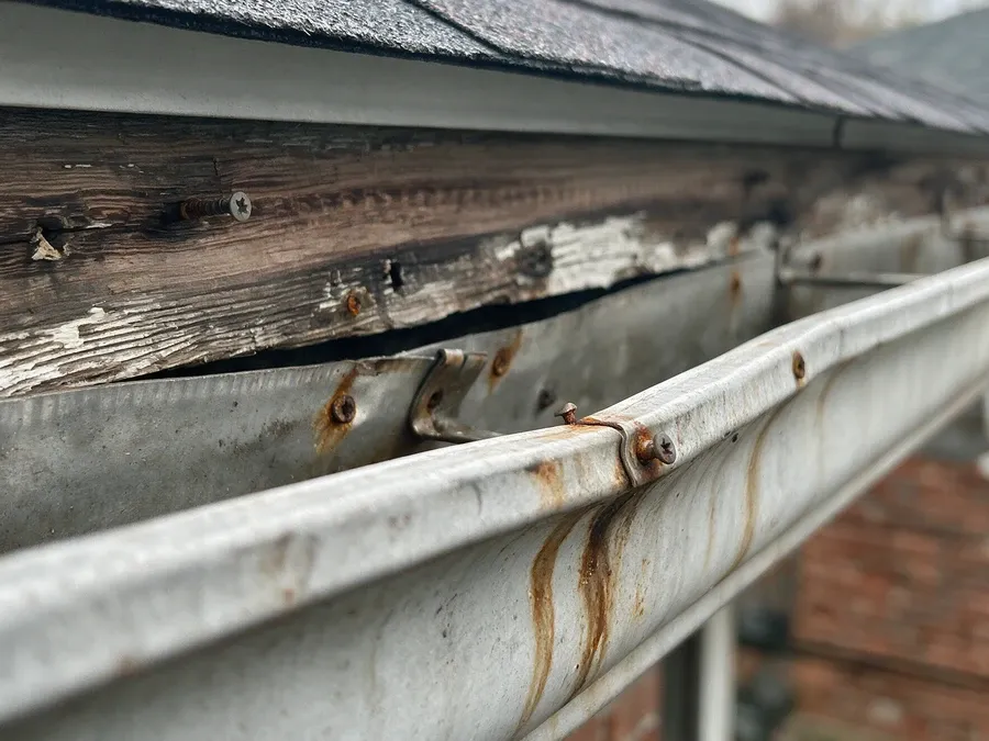 Close-up of an old rusted, sagging gutter pulling away from a rotted fascia board.