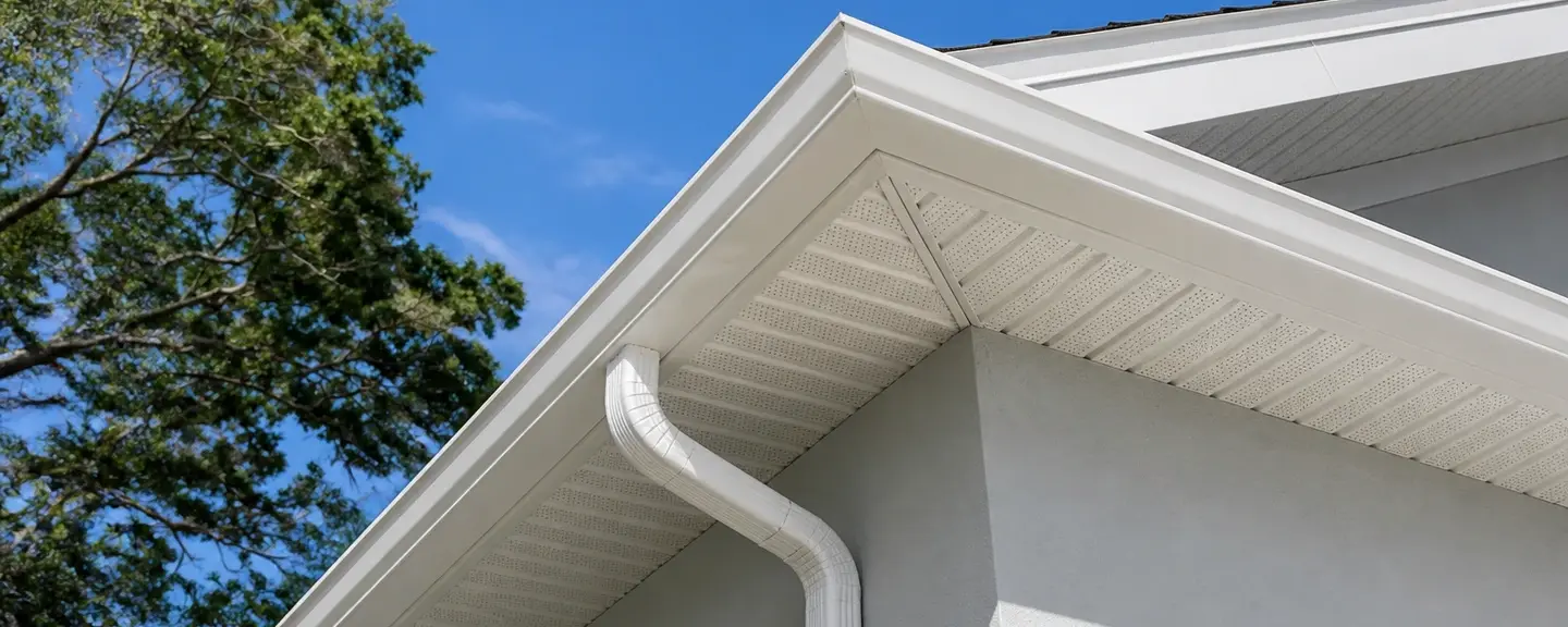Dramatic upward view of a new seamless gutter and downspout installed at a roof corner against a blue sky.