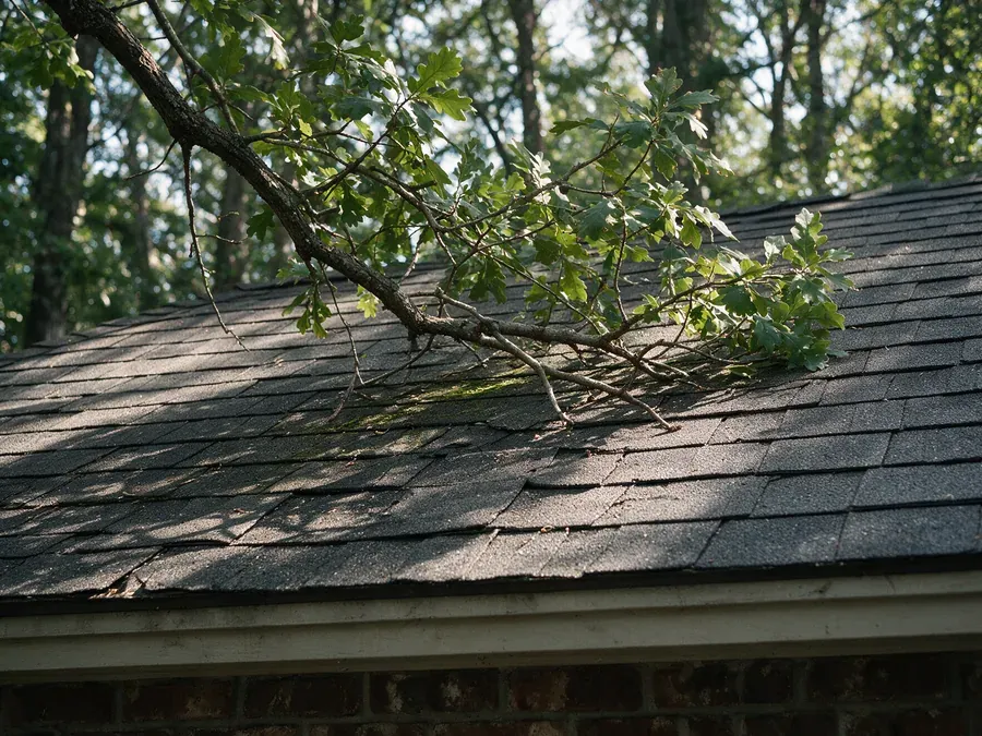 Oak branch resting on a shaded asphalt shingle roof with moss and cracked shingles beneath it.
