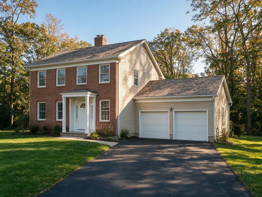 Two-story colonial with a brick front, vinyl siding on the sides, a weathered-wood shingle roof, and an attached two-car garage.
