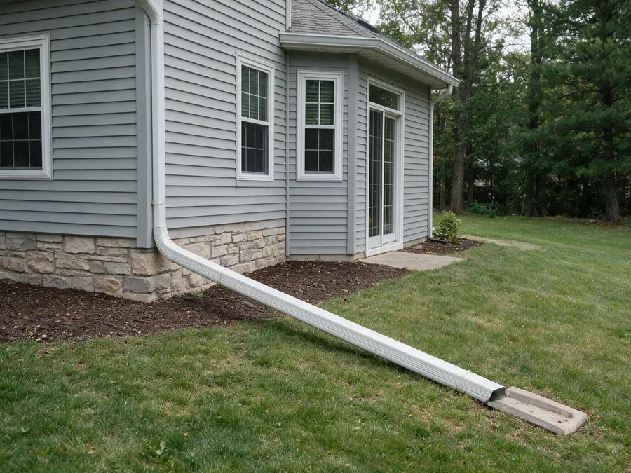 White downspout with a long extension carrying rainwater across a sloped lawn to a concrete splash block, away from the stone foundation.