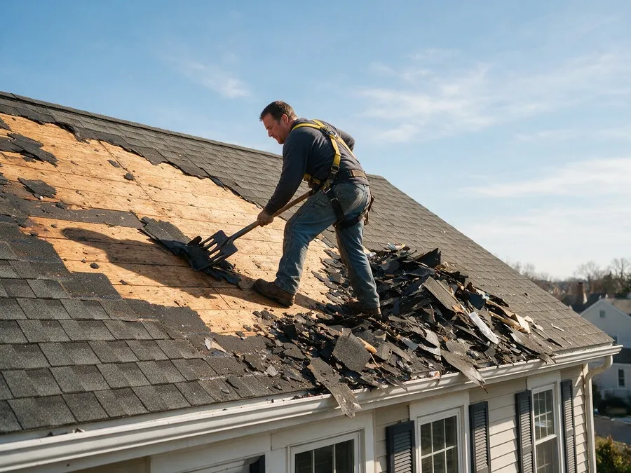 Roofer removing old asphalt shingles down to the deck during a shingle roof replacement.