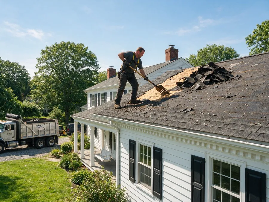 Roofer in a safety harness tearing off old shingles down to the wood decking on a colonial roof.
