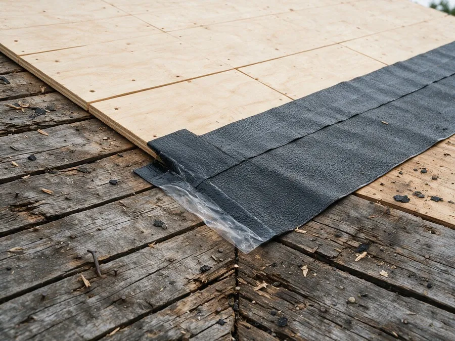 Exposed roof decking mid-replacement, showing old sheathing being swapped for new plywood next to fresh self-adhering underlayment.