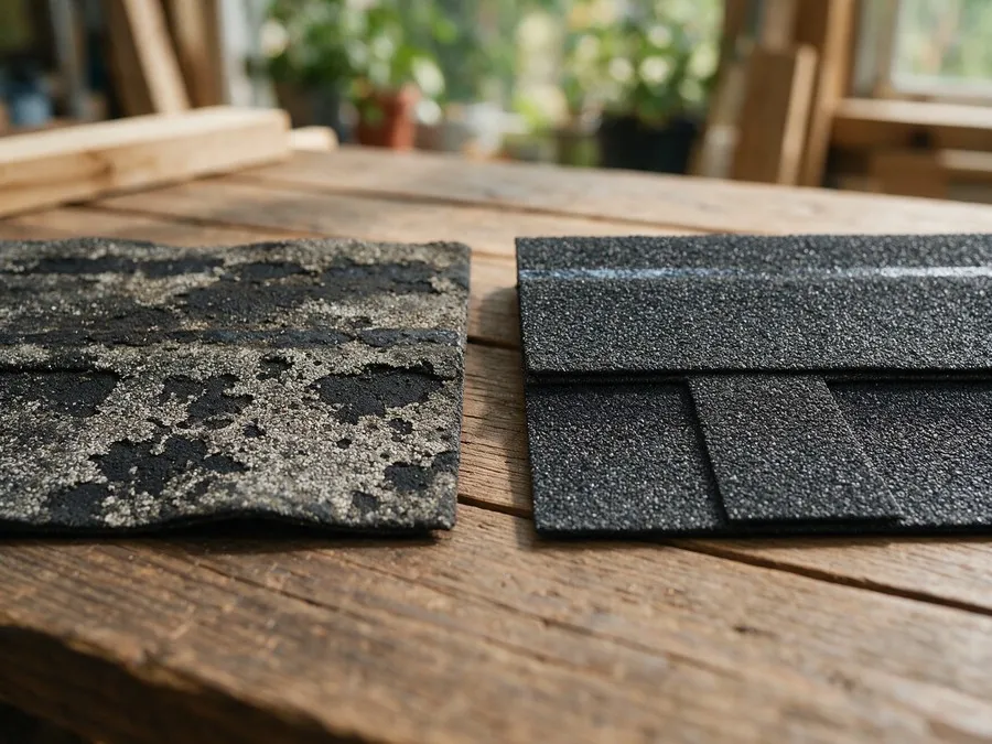 Side-by-side comparison of a weathered asphalt shingle with heavy granule loss next to a new dimensional shingle with full granule coverage.