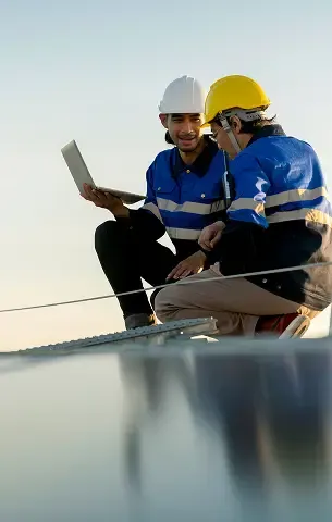 Two roofing specialists in safety gear sitting on a roof while reviewing a laptop.