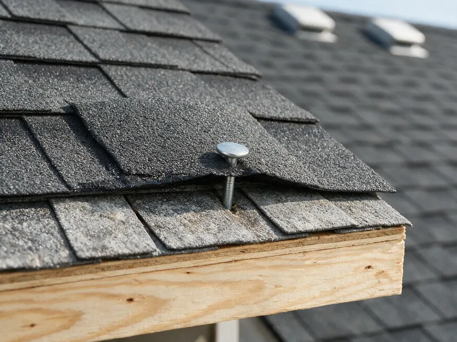 Close-up of an asphalt shingle roof edge showing the shingle courses fastened down to the wood roof deck.