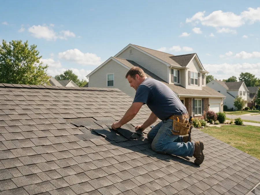 Roofer replacing a section of damaged asphalt shingles on a residential roof.