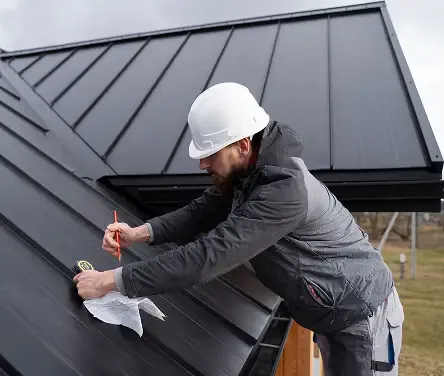 Roofer measuring and marking a metal roof panel.