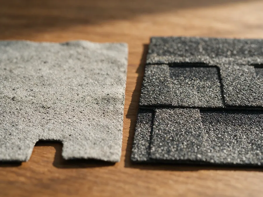 Side-by-side comparison of a flat three-tab shingle and a thicker, dimensional architectural shingle showing the difference in granule texture.