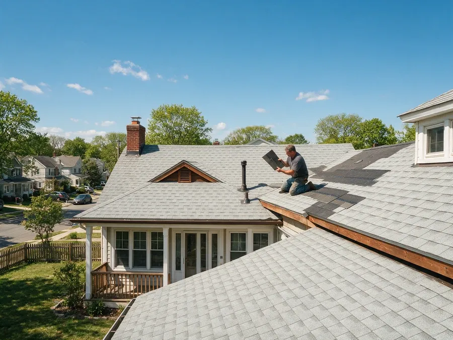Roofer on an asphalt shingle roof holding up a shingle sample while installing a new course.