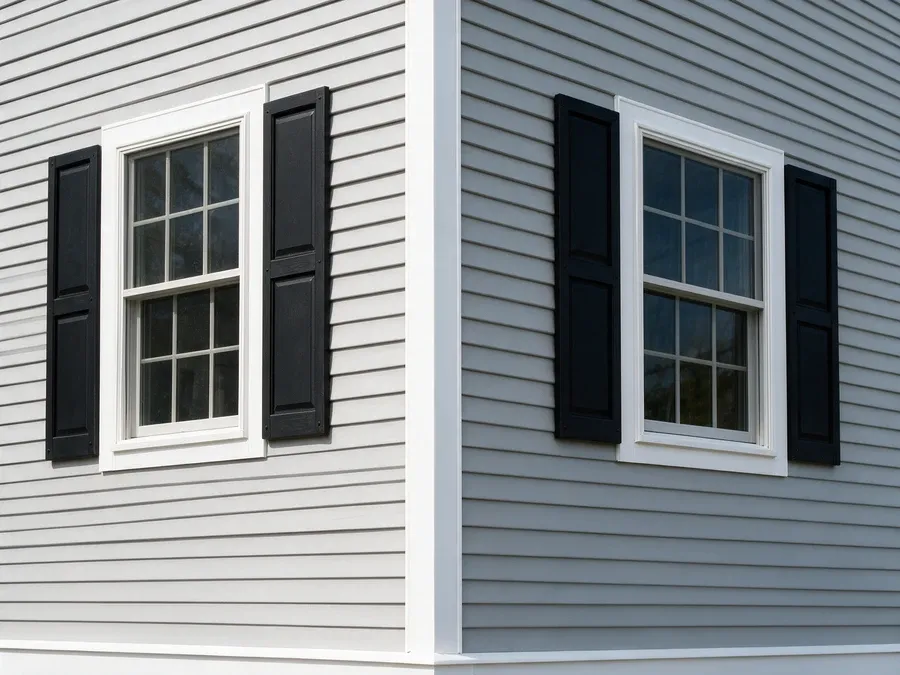 Finished American home with new light gray siding and white trim.