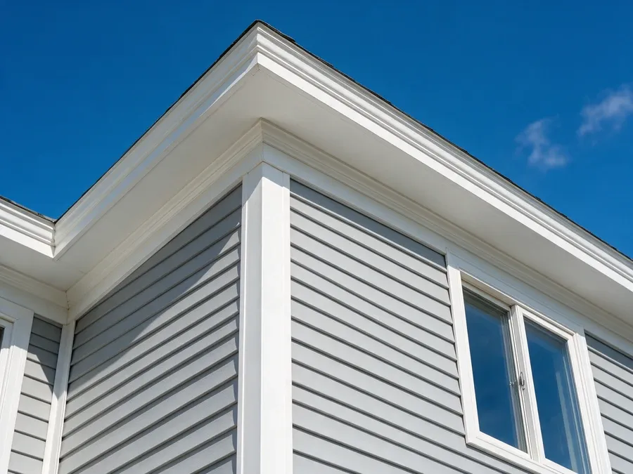 Dramatic upward view of a finished house corner with light gray vinyl siding against a blue sky.