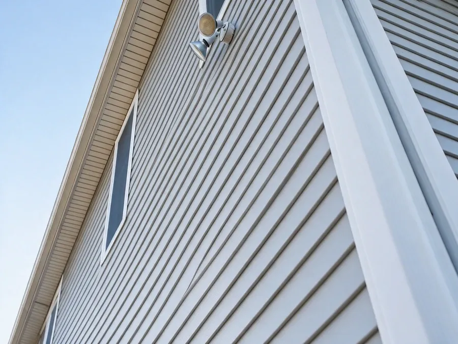 Close-up of a finished house corner with new vinyl siding and a security light fixture.