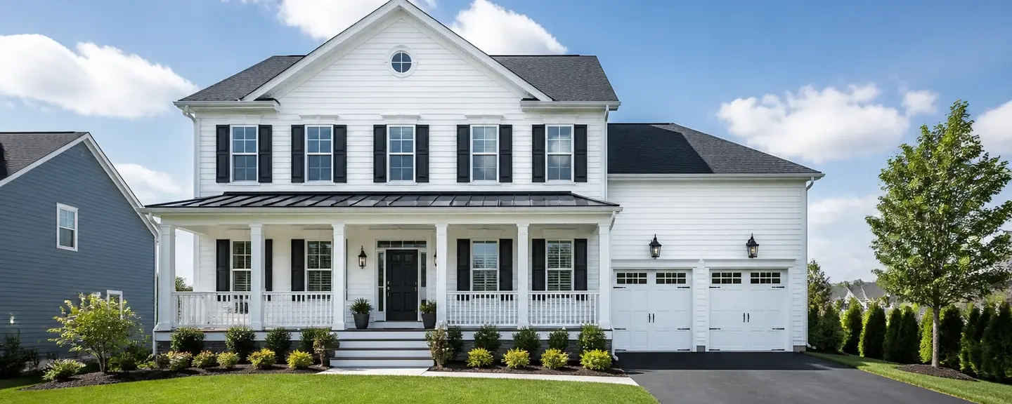 White colonial style American home with new vinyl siding, black shutters, and a two-car garage.