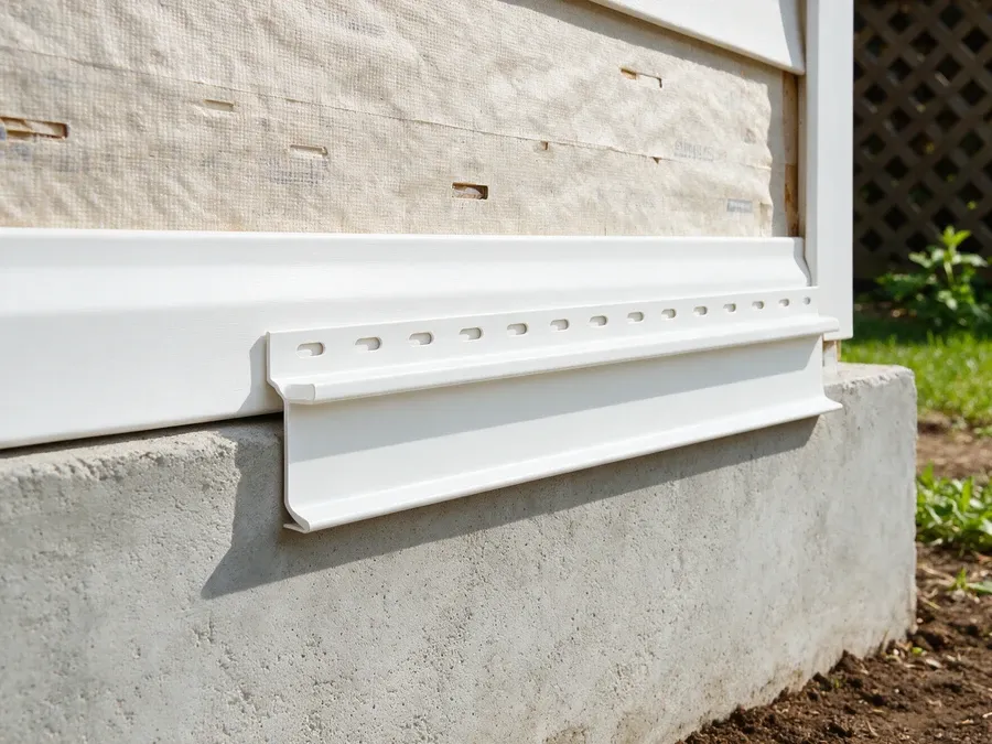 Close-up of a new vinyl siding starter strip installed at the base of a house wall above the foundation.