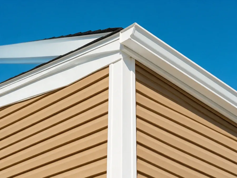 Dramatic upward view of a well-maintained siding corner against a vivid blue sky.