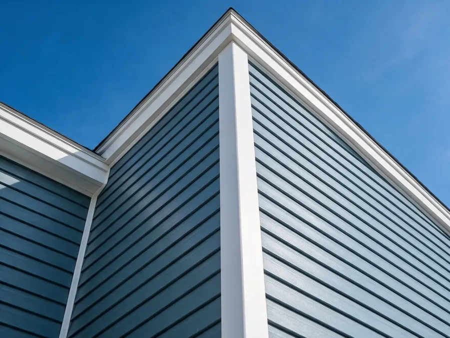 Finished blue-gray siding wall with a seamlessly repaired section.