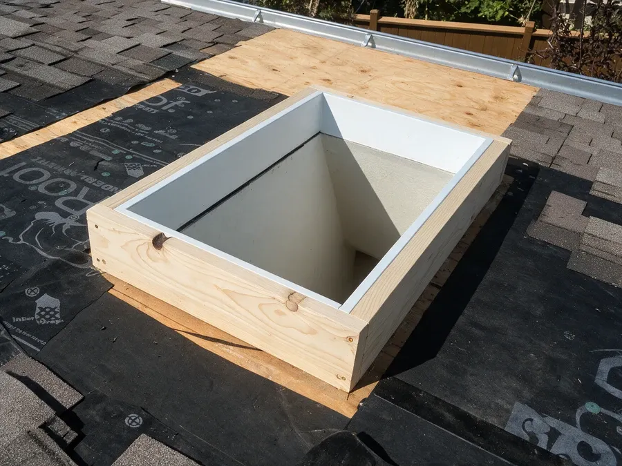 Close-up of a new wooden skylight curb box set square on a roof deck over underlayment.