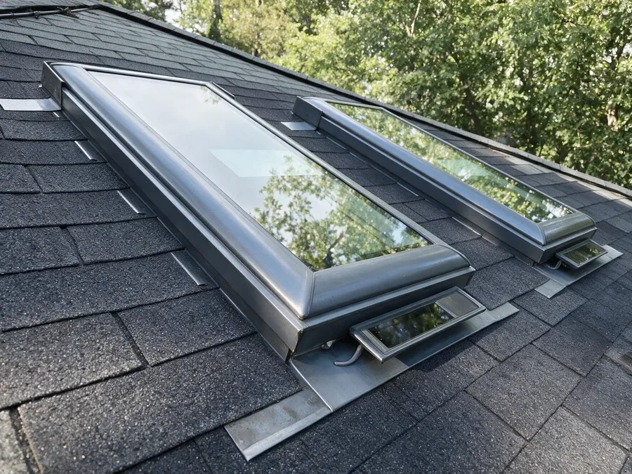 Two skylights integrated into a dark gray asphalt shingle roof with visible step flashing.