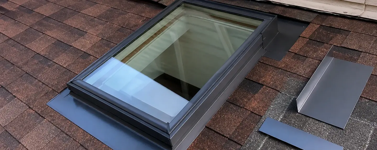 Close-up of a new skylight being flashed into an asphalt shingle roof, with flashing pieces laid nearby.