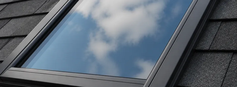 Close-up texture of a skylight glass surface reflecting the sky.