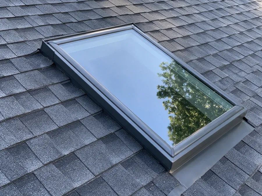 Close-up of a skylight properly flashed into an architectural asphalt shingle roof.