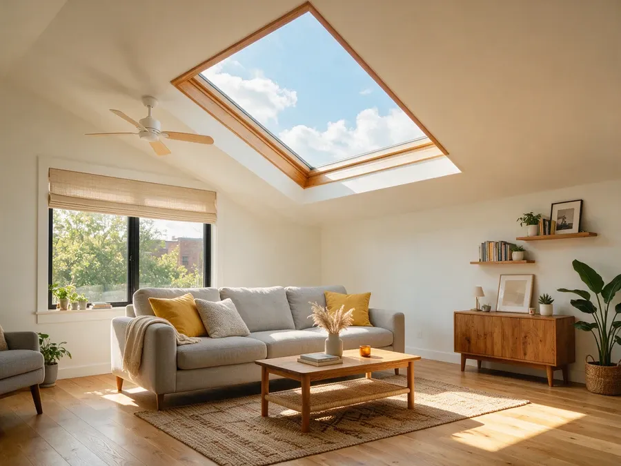 Bright interior room with sunlight streaming through a finished skylight.
