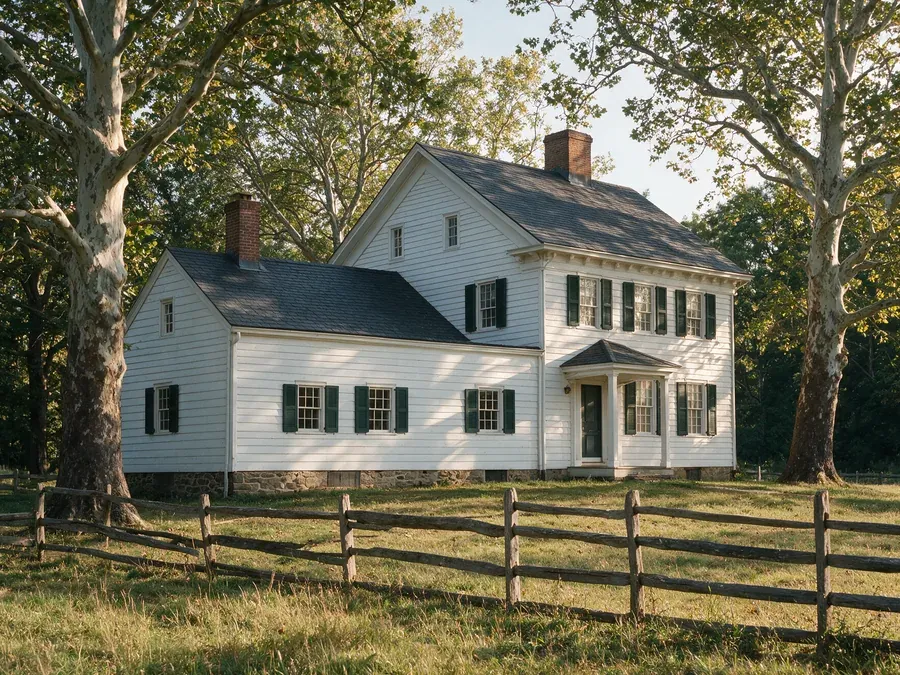 White clapboard farmhouse with a lower side wing, two brick chimneys, dark green shutters, and a split-rail fence under sycamore trees.