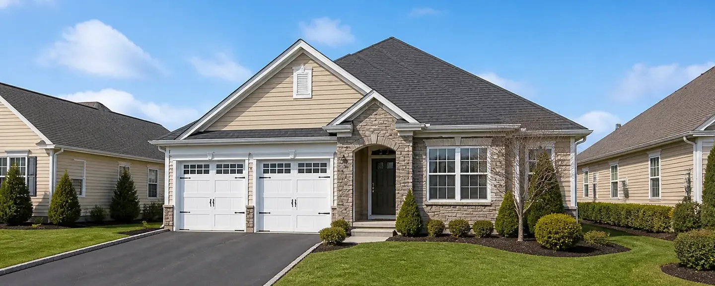 Single-story carriage-style home with stone accents, tan siding, a charcoal shingle roof, and a two-car garage.