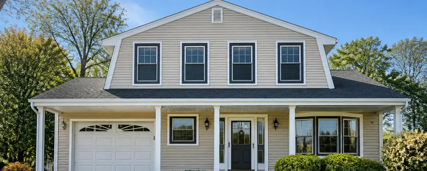 Gambrel-roof American colonial home with black shutters and a white garage door.