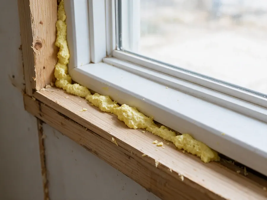 Close-up of spray foam insulation around a newly installed window frame before trim is added.
