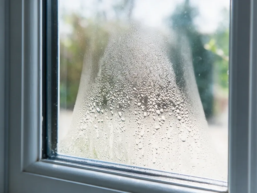 Close-up of a double pane window with visible fog and condensation from a failed seal.