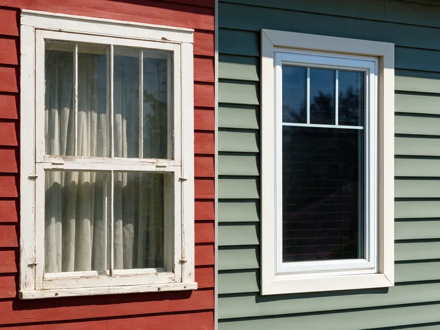 Close-up comparison of an old worn wood window frame next to a new vinyl replacement window.