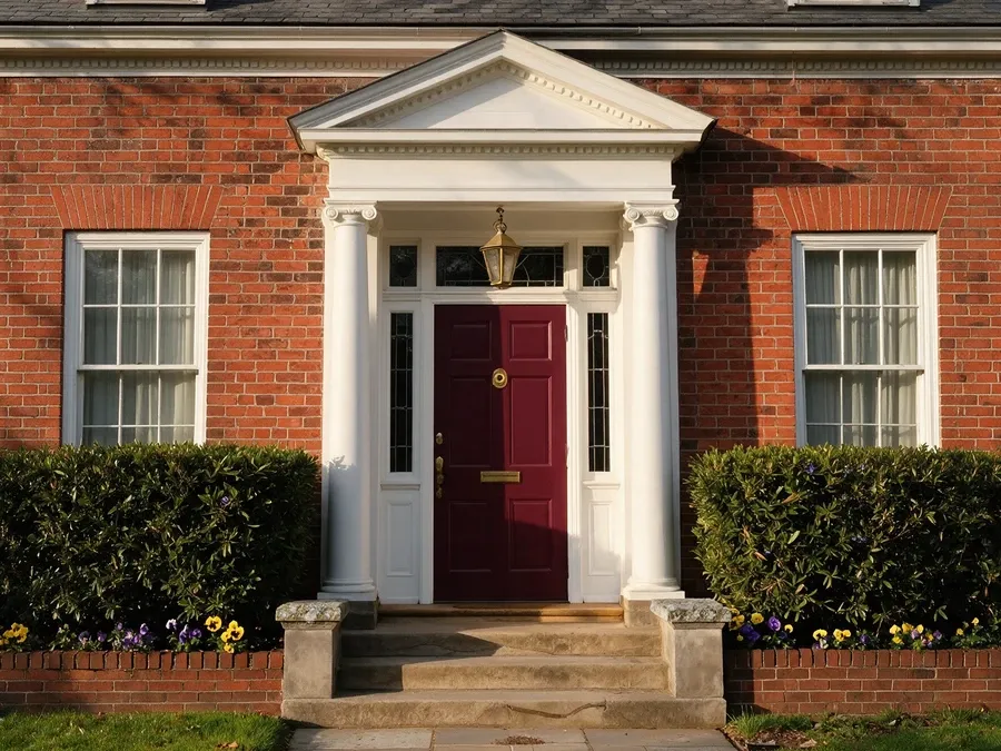 Finished home entry with a formal portico and a burgundy red front door.
