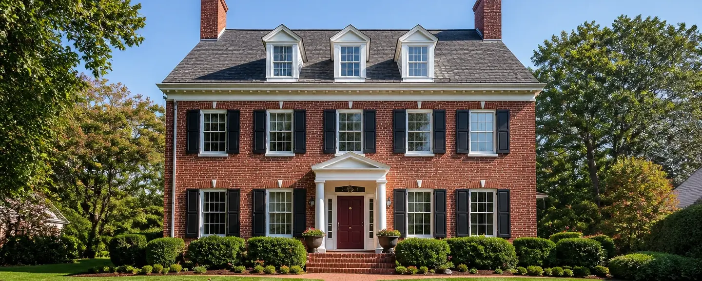Brick American colonial home with a burgundy red front door.